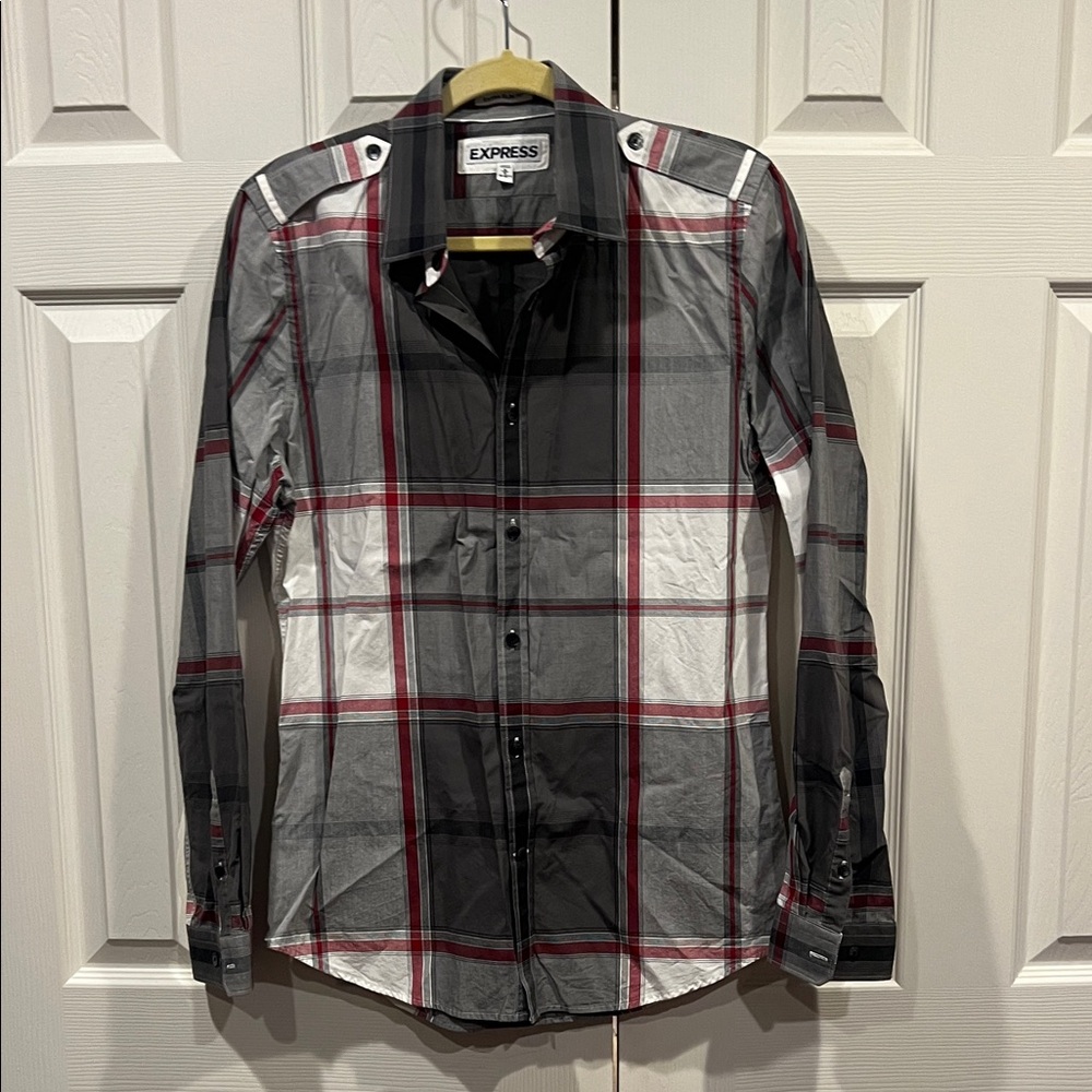 Express Men's Checkered Shirt - Charcoal, Crimson, and Ivory